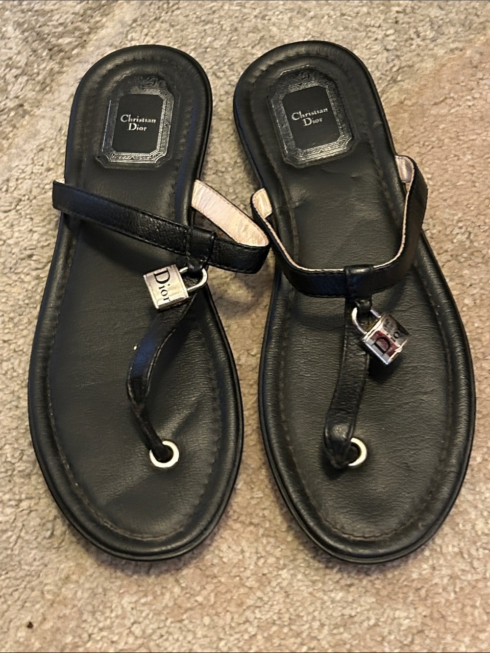 Dior Black Leather Toe-Ring Sandals with Padlock Charms